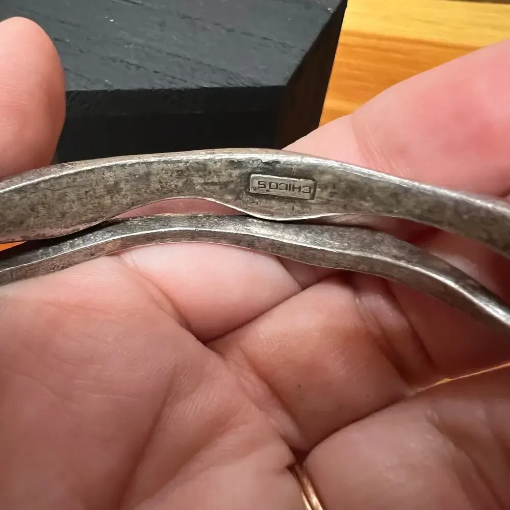 Chico's Hammered Metal Silver Tone Bangle Set 2 Pieces Crystals Accent Bracelets